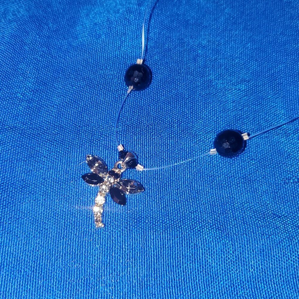Handmade Black Crystal Dragonfly Floating Necklace Invisible Cord Illusion